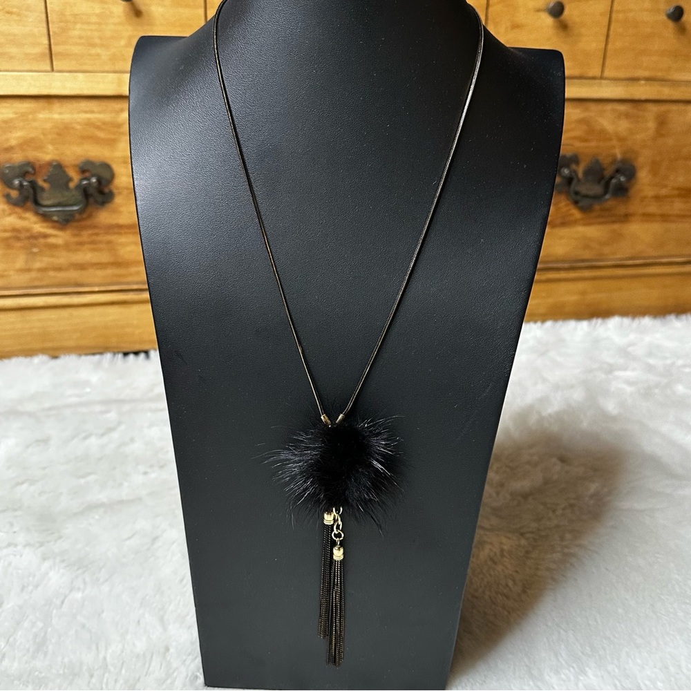 NWT Shiraleah Anthropologie Lulu Genuine Mink Puff Chain Necklace Black Women OS